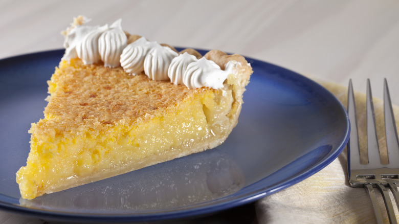 Chess pie slice on blue plate