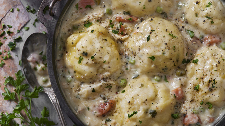Pot of chicken and dumplings