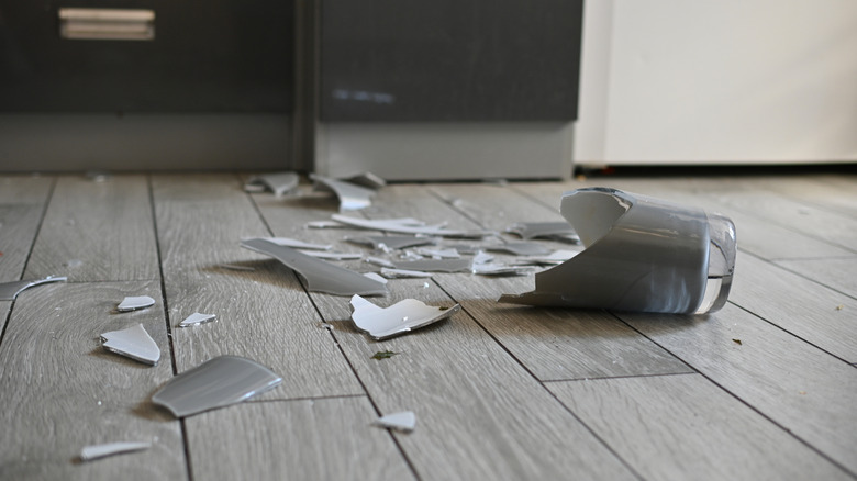 Shattered glass on kitchen floor