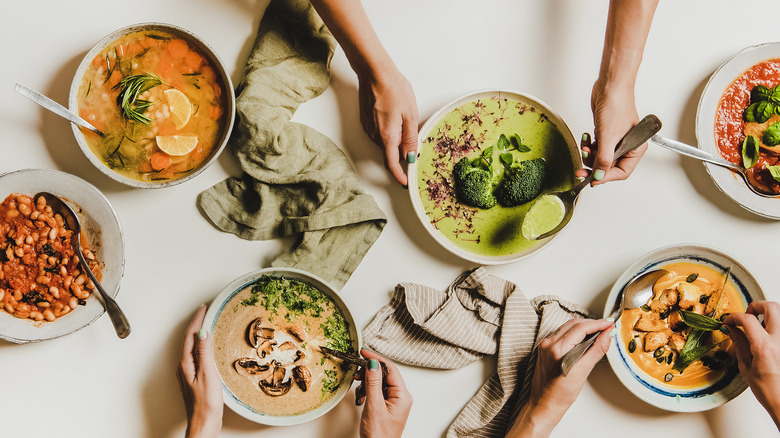 Creamy vegan soups on display