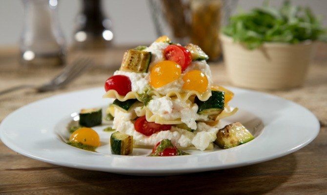 Cold, No-Bake Lasagna with Sautéed Zucchini, Tomato Salad, Ricotta, and Pesto Sauce