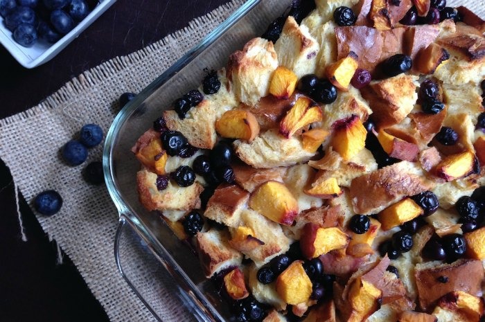 Challah Bread Pudding with Blueberries and Peaches