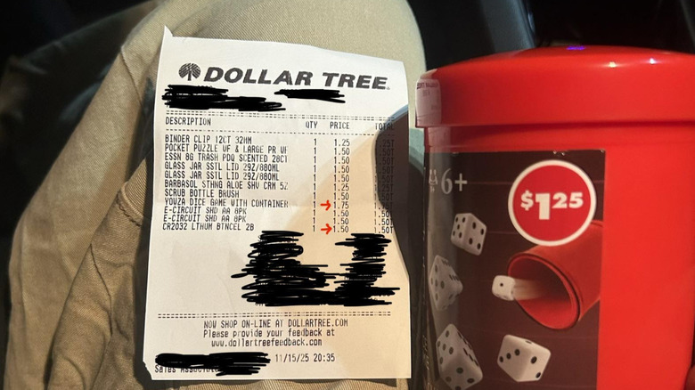 Dice container with Dollar Tree receipt
