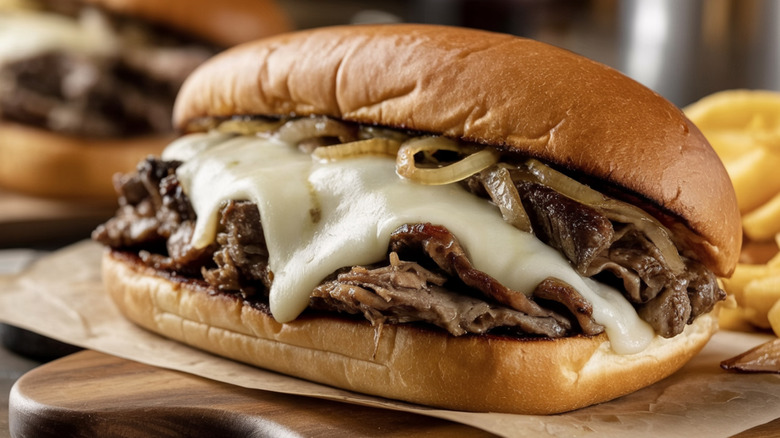 A cheesesteak hoagie showing how deep the roll is cut when done correctly