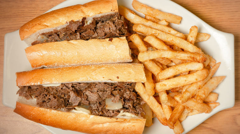 A sliced cheesesteak that doesn't have enough steak for the bread