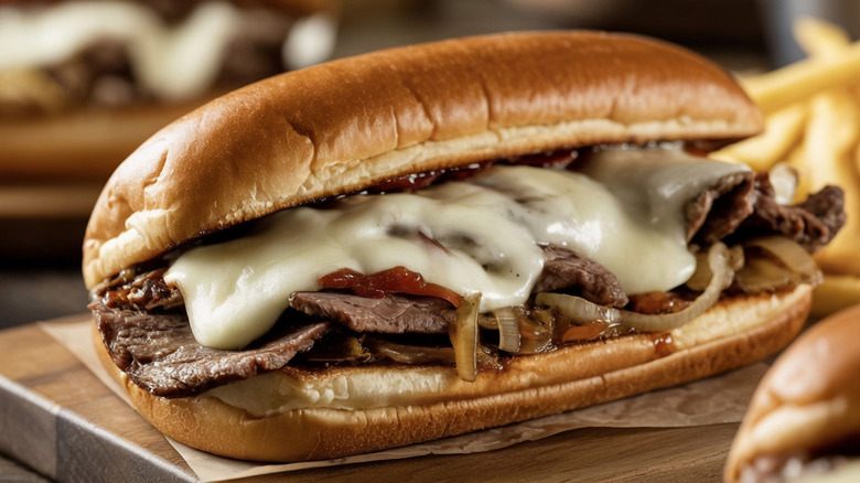 A cheesesteak with a generous amount of melty cheese