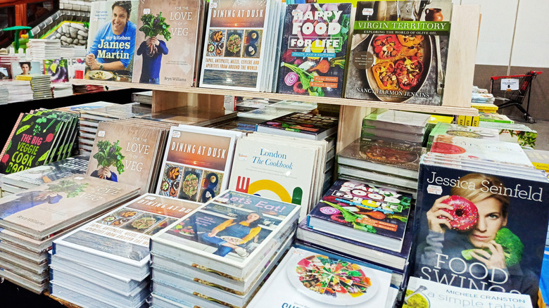 Selection of cookbooks in a bookstore