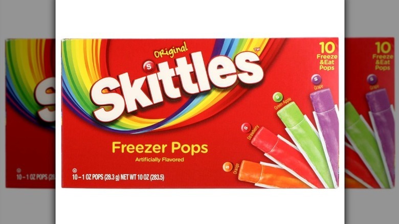 Skittles freezer pops in a red box on white background