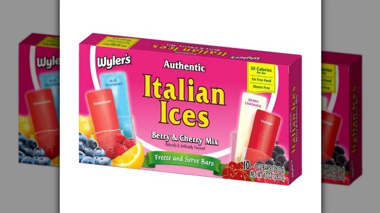 Wyler's Italian ice pops in a pink box with yellow text on white background