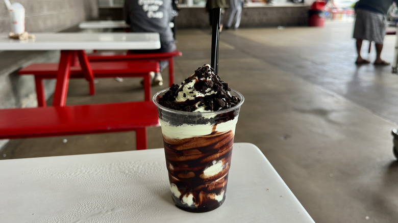 double chocolate mint sundae with food court in background