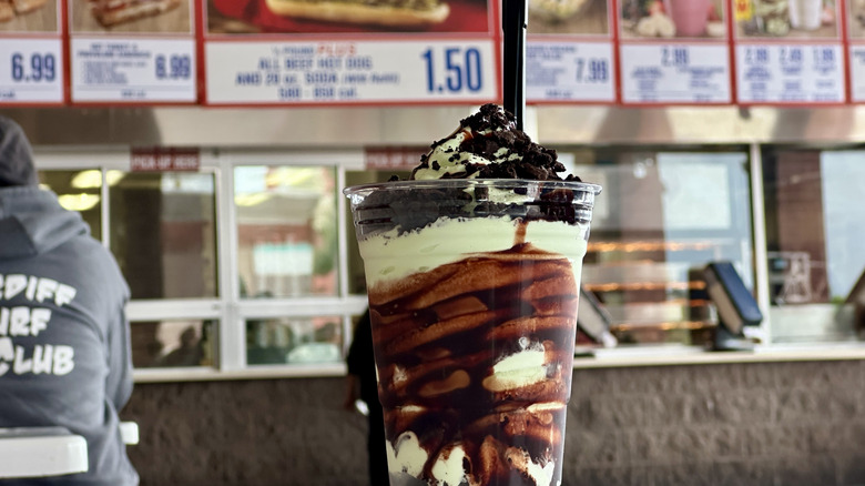 double chocolate mint sundae sitting on table