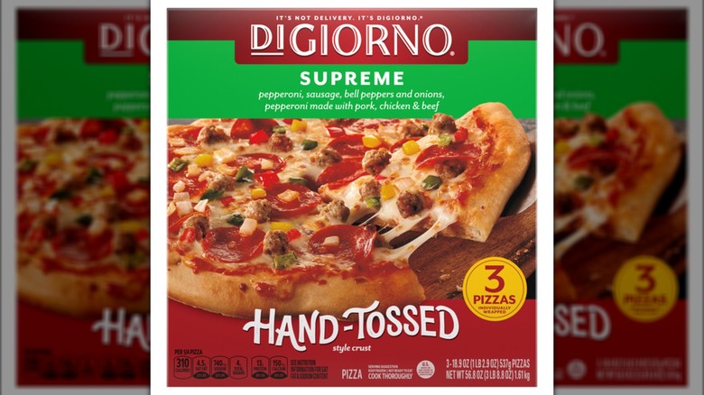 A DiGiorno hand-tossed frozen supreme pizza box