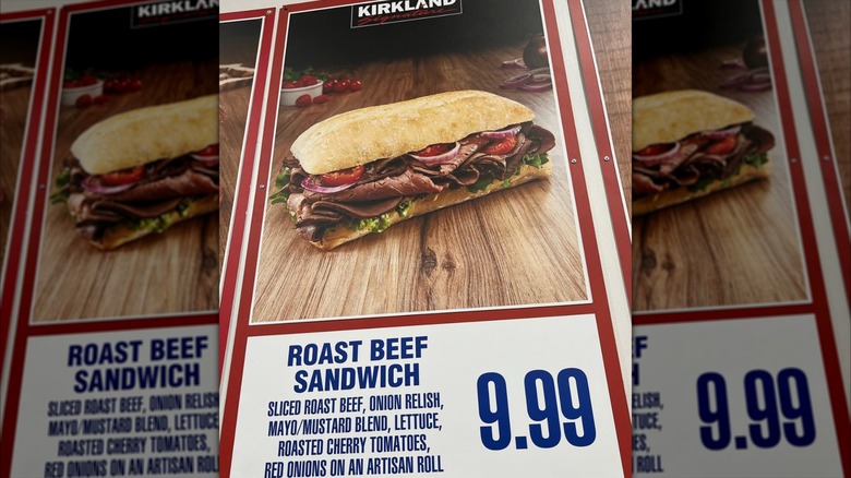 An image of the Costco roast beef sandwich as it appeared on the food court menu, showing its 9.99 price
