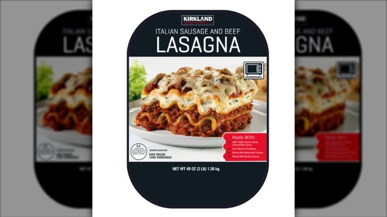 A box of Kirkland Signature Italian Sausage and Beef Lasagna