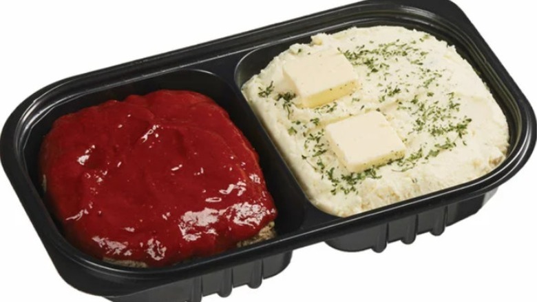 A tray of Kirkland Signature Meatloaf with Yukon Gold Mashed Potatoes