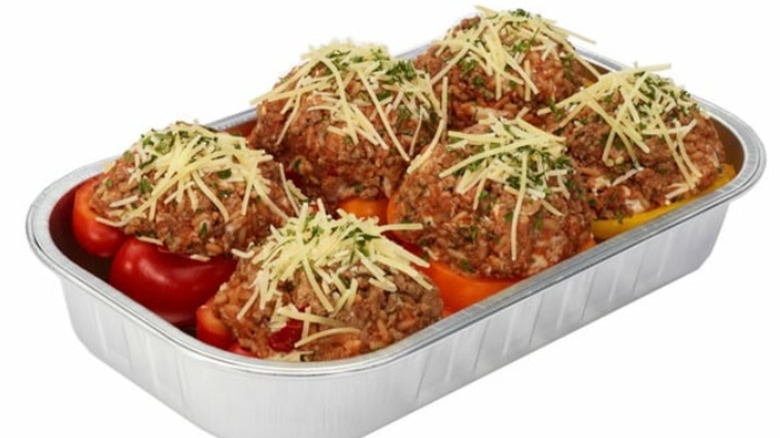 A tray of Kirkland Signature Stuffed Bell Peppers with Ground Beef and Rice
