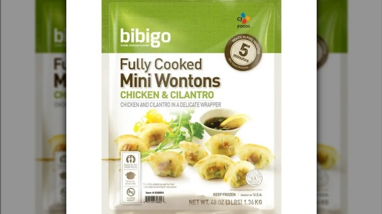 closeup of a bag of Bibigo Chicken & Cilantro Mini Waffles.