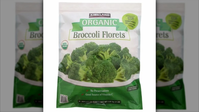 view of a bag of Kirkland Organic Broccoli Florets.