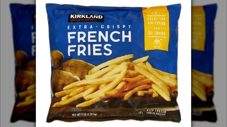 view of Kirkland Signature Crispy French Fries, with cooked fries on the front.