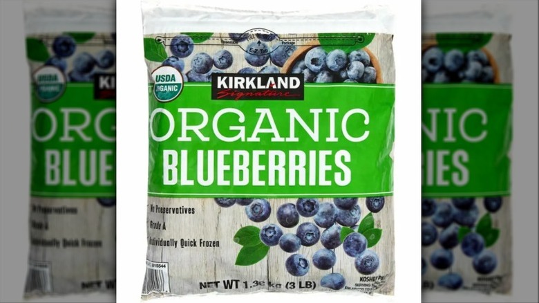 closeup of a bag of Kirkland Signature Organic Blueberries.