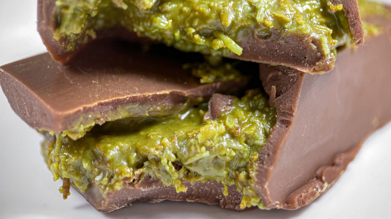 Close-up of Dubai chocolate with pistachio filling