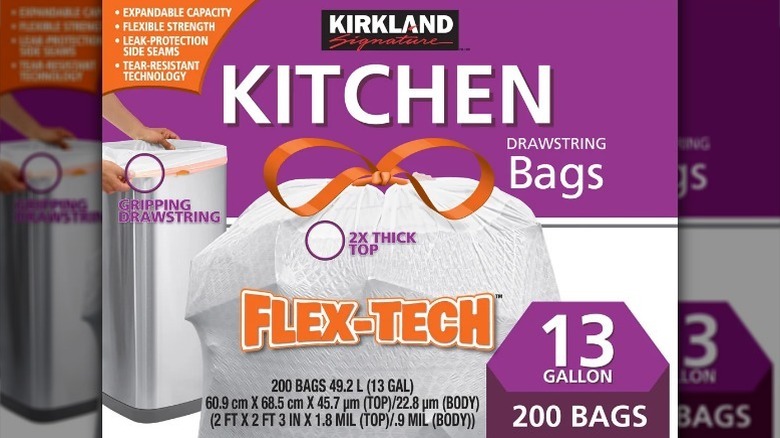 Purple and orange image of box of Kirkland Flex-Tech trash bags