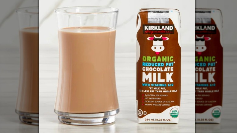 carton and glass of kirkland chocolate milk
