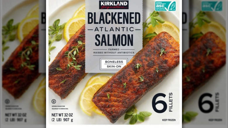 A package of Kirkland Signature blackened Atlantic salmon