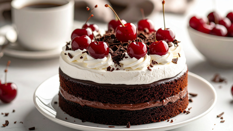 Black Forest chocolate cake on tray