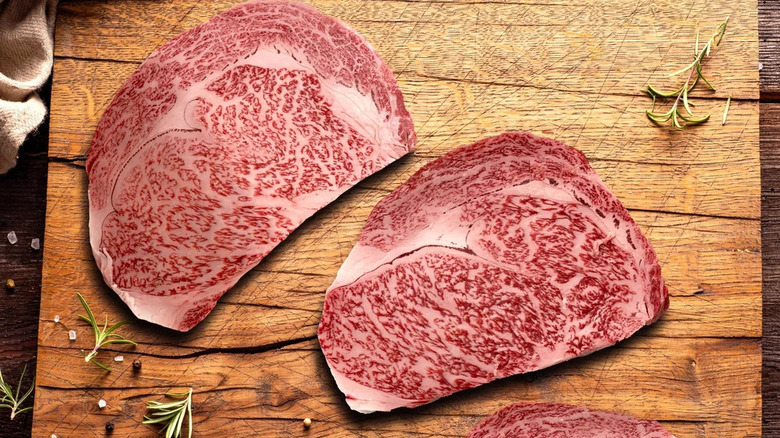 wagyu beef on wood board