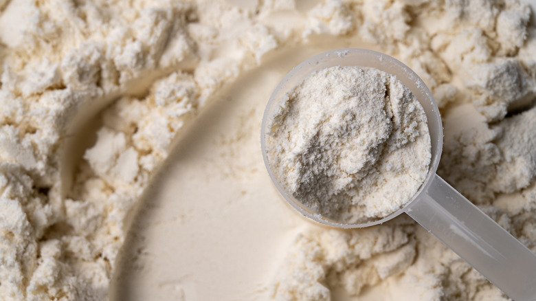 Whey protein powder with scoop