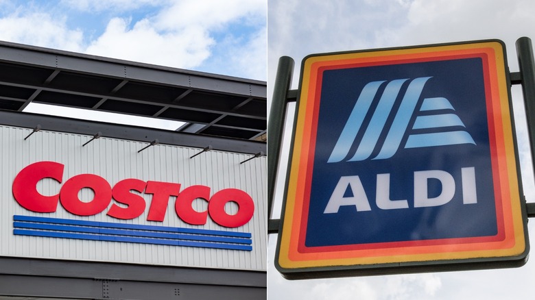 Exterior signage for Costco and Aldi shown side by side