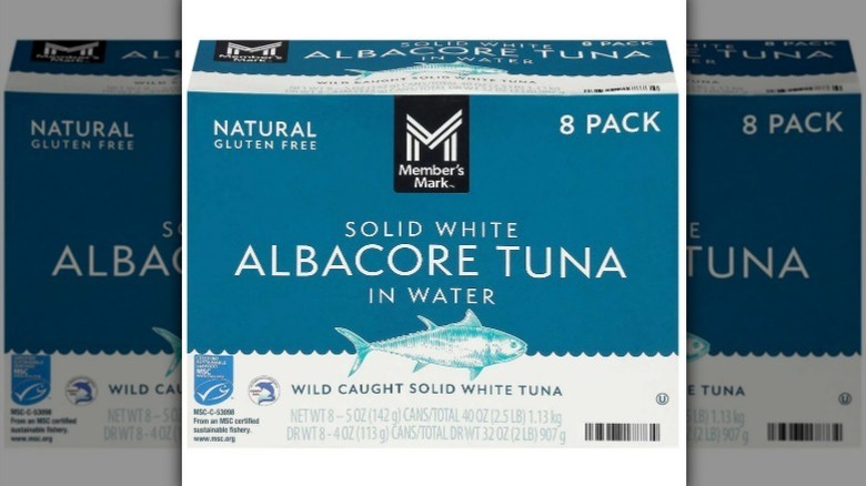 Member's Mark canned tuna in a blue and white box on white background