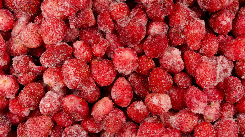 close up of numerous frozen strawberries