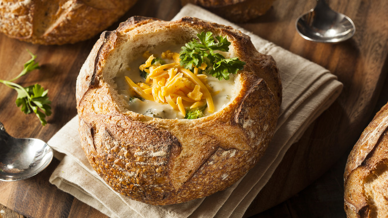 broccoli cheddar soup in bread bowl