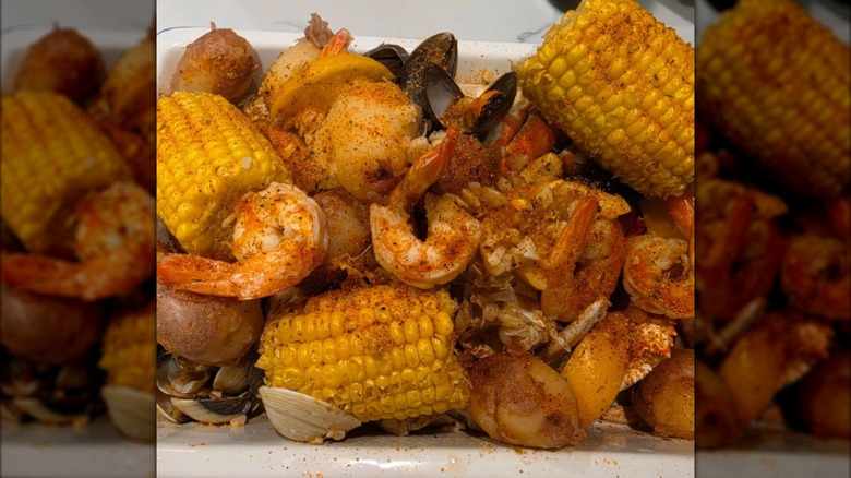 Cooked Costco Seafood boil with seasoning