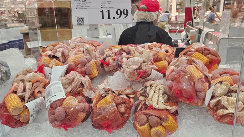 Costco seafood boils in mesh bags on ice