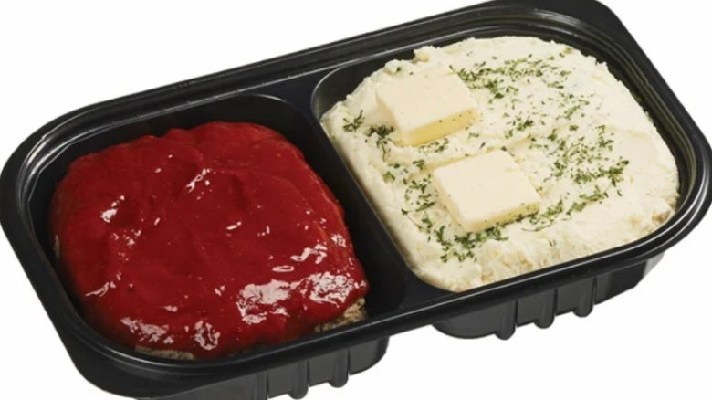 A tray of Kirkland Signature Meatloaf with Yukon Gold Mashed Potatoes