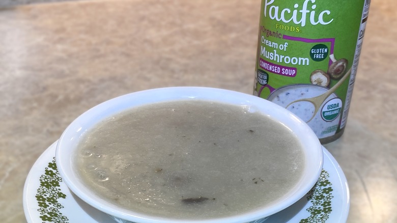 Pacific Foods Organic Cream of Mushroom Condensed Soup in bowl next to can