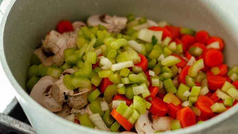 chopped raw vegetables in pot