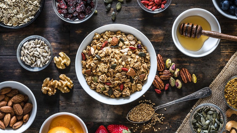 Bowl of granola with extra ingredients 