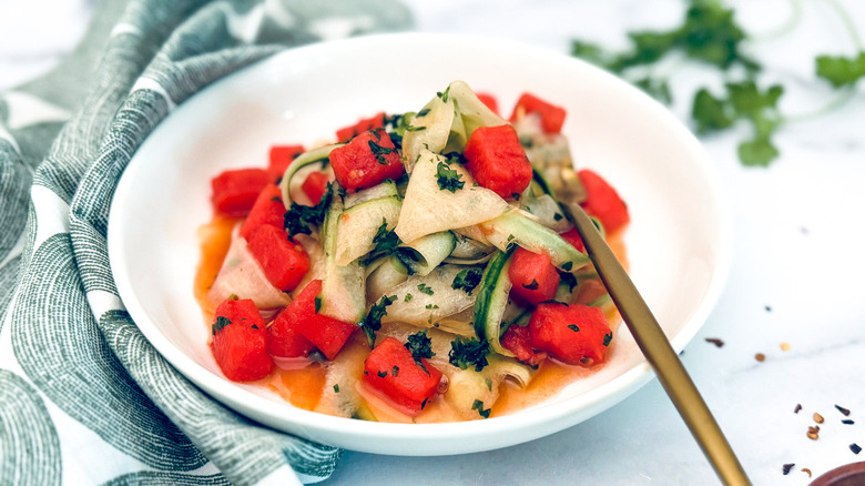 watermelon cucumber salad in bowl