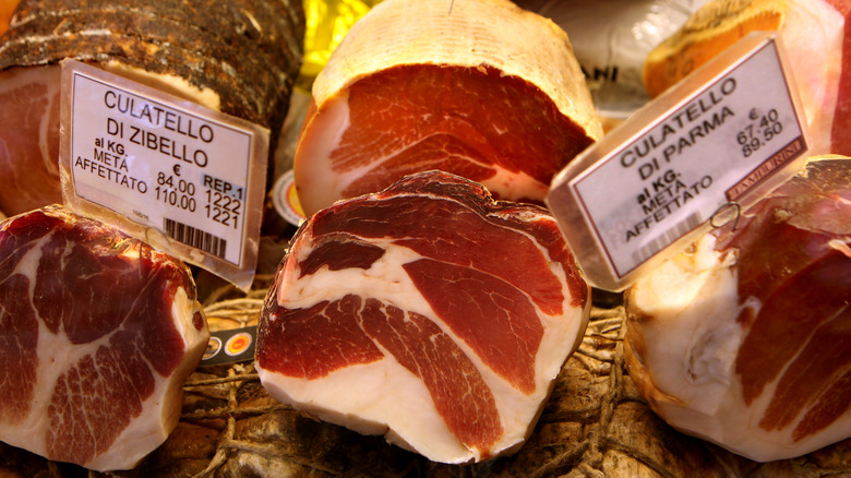 Culatello slabs on market display
