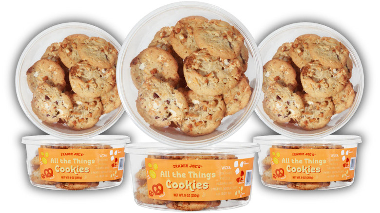 three tubs of Trader Joe's All The Things Cookies, with views from overhead and the side of the tub