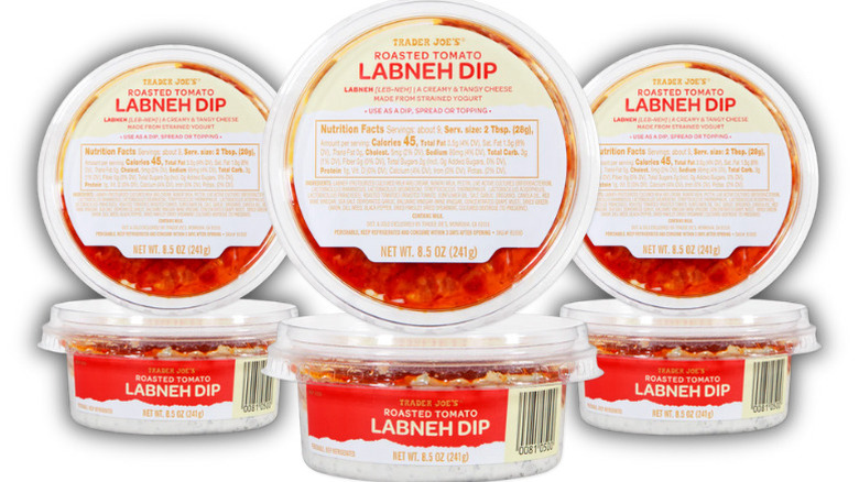 three containers of roasted tomato labneh dips, with views from overhead and the side of the tub