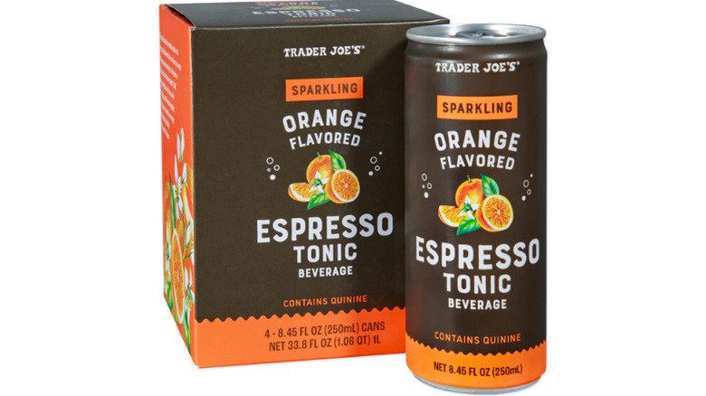 a can and a box of Trader Joe's sparkling orange flavored espresso tonic beverage against a white background