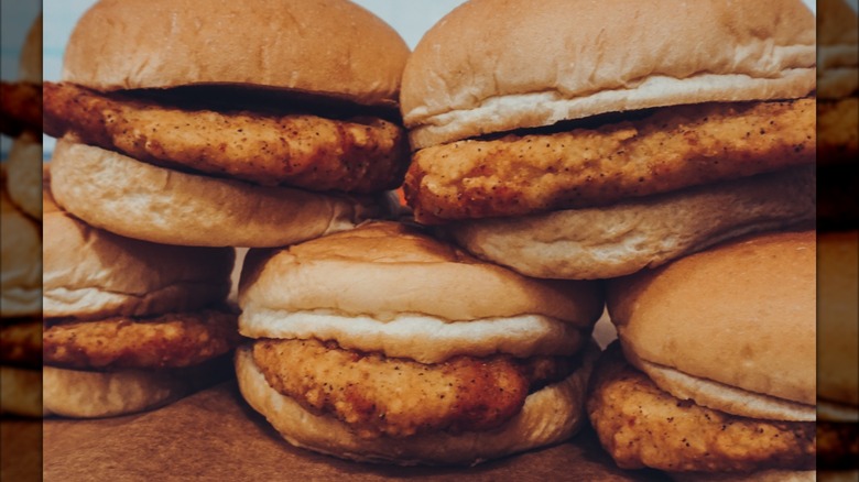 Crispy chicken sandwiches from Casey's arranged in a stack