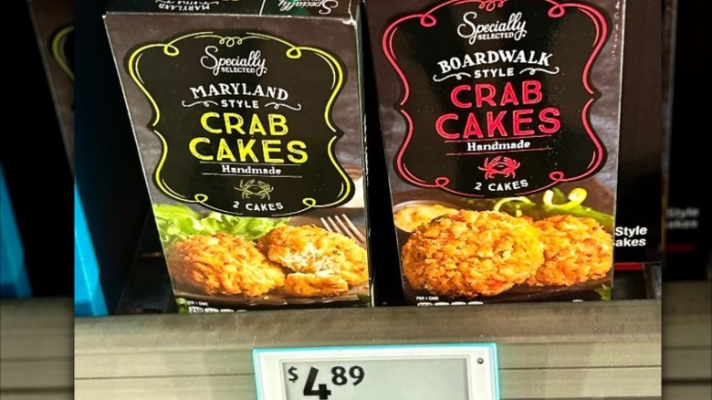 Boxes of Maryland Style Crab Cakes and Boardwalk style crab cakes with a price tag of $4.89
