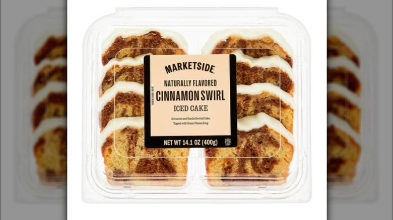 A container of Marketside Naturally Flavored Cinnamon Swirl Iced Cake