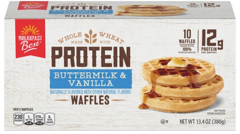 A box of Breakfast Best Buttermilk and Vanilla Protein Waffles